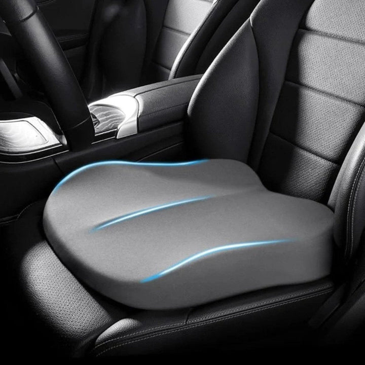 Comfort-enhancing ergonomic car seat cushion. Provides excellent back and posture support for any vehicle seat.