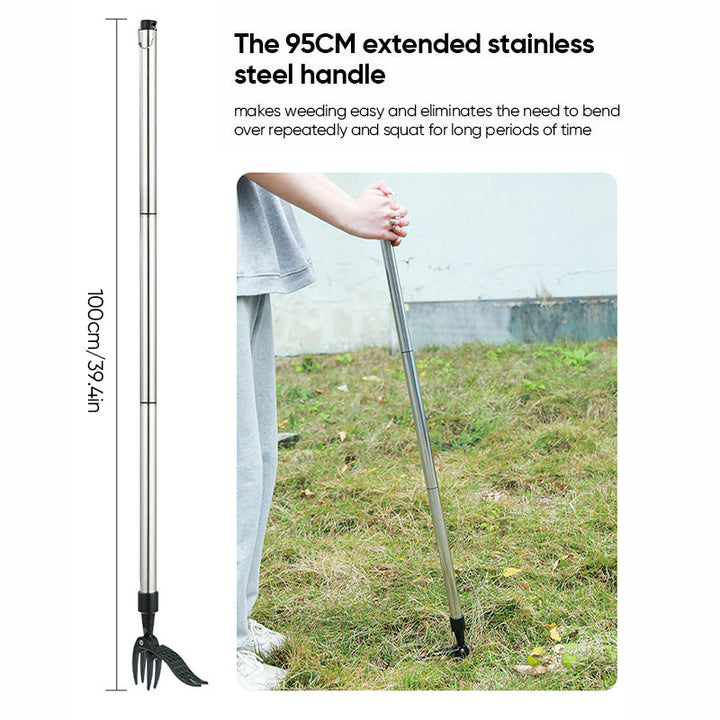 Detailed view of the weed puller's sharp prongs, designed for deep root extraction in gardens