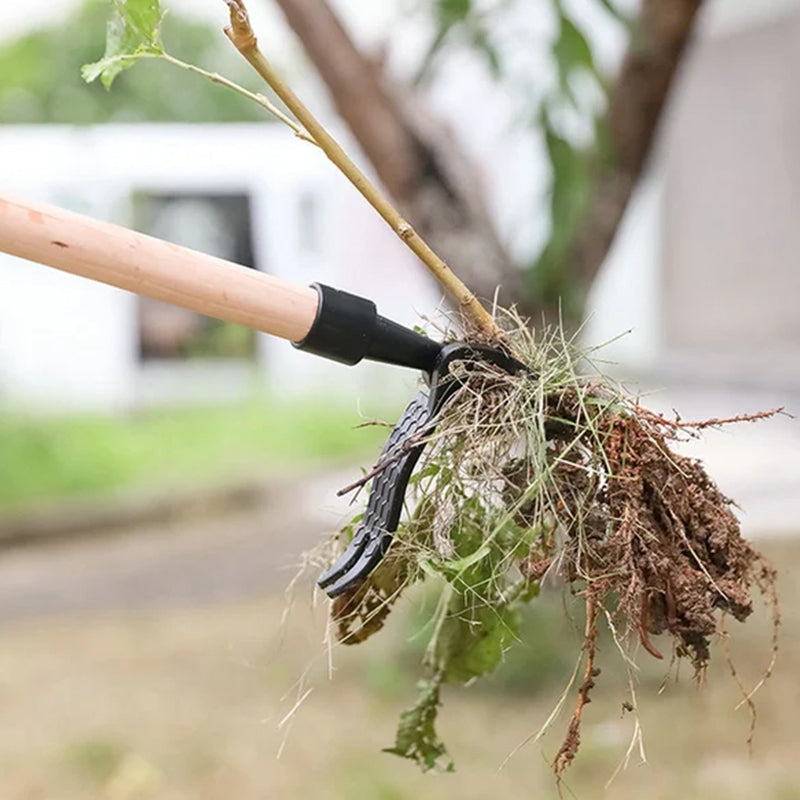 Weed puller tool shown in two parts: ergonomic handle and long shaft for easy storage