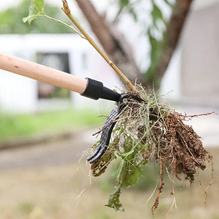 Weed puller tool shown in two parts: ergonomic handle and long shaft for easy storage