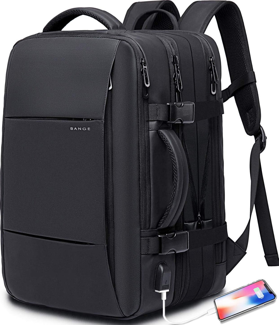 Side view of the 45L fully expanded travel backpack, showcasing extra space.