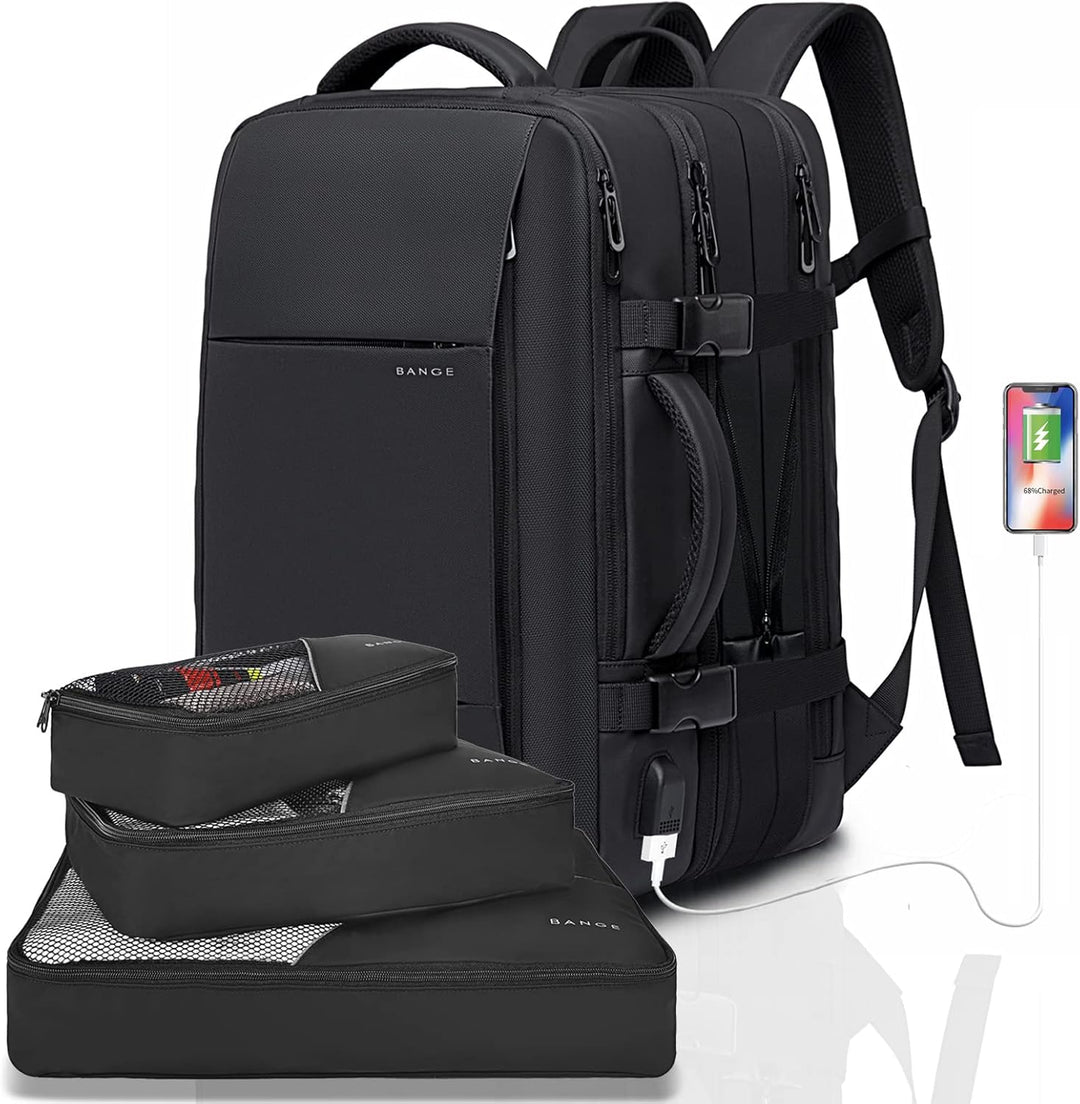 Back view of the ergonomic travel backpack, 26-45L, with chest strap.