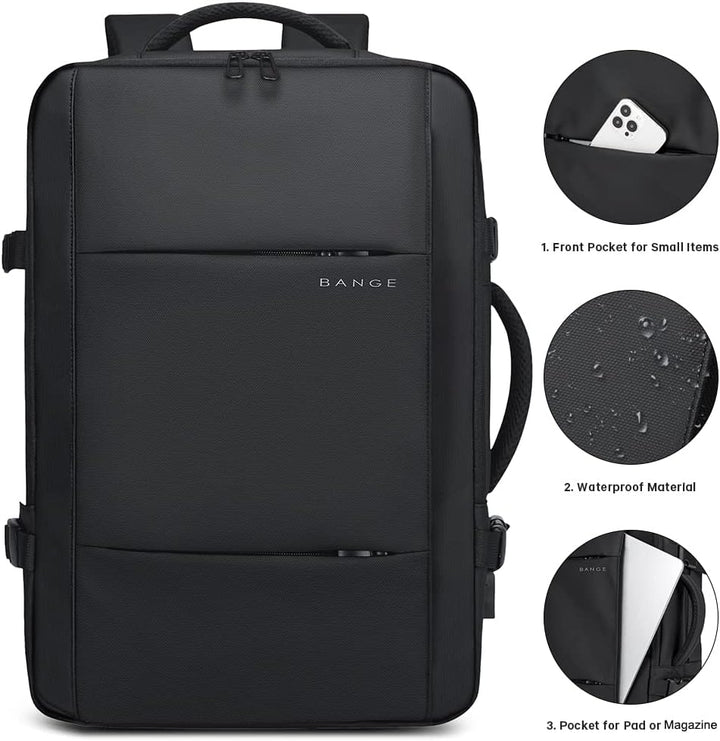 Black expandable travel backpack 26-45L, ideal carry-on luggage for men & women.