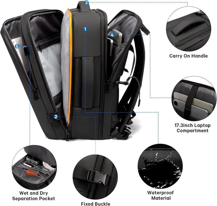 Student with anti-theft laptop travel backpack on a university campus.