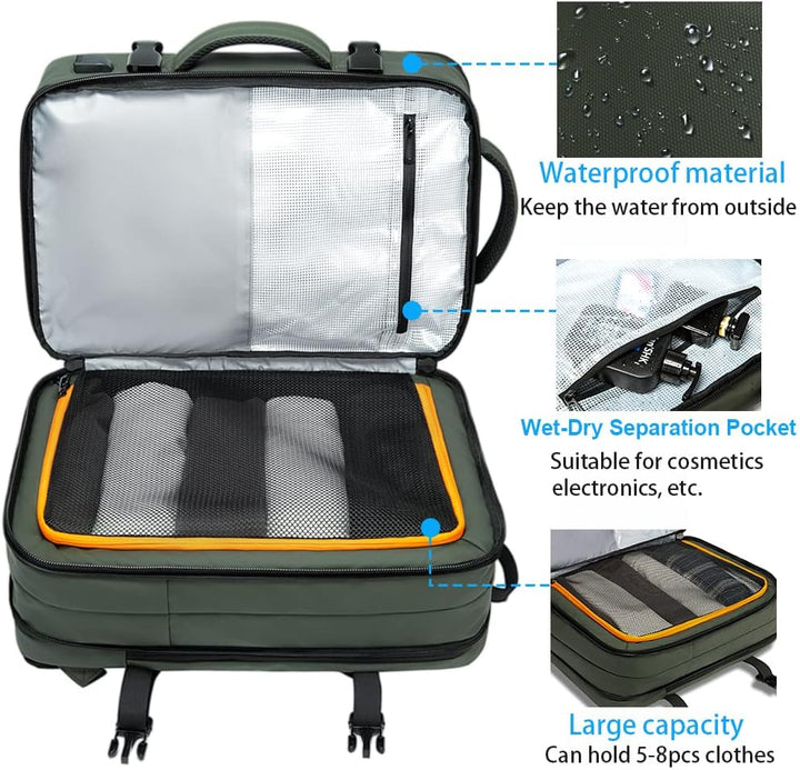 Stylish black unisex travel backpack, 26-45L, for modern travelers.