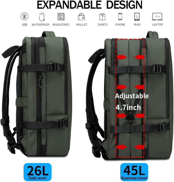 Weekend travel backpack with laptop sleeve, expandable for extra gear.