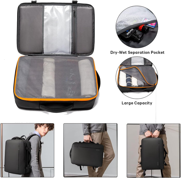 Interior capacity shot of the 26-45L backpack, organized for travel.
