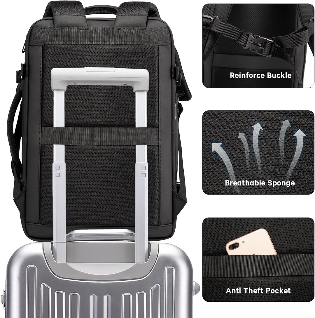 Close-up of the durable, water-resistant material of the travel backpack.