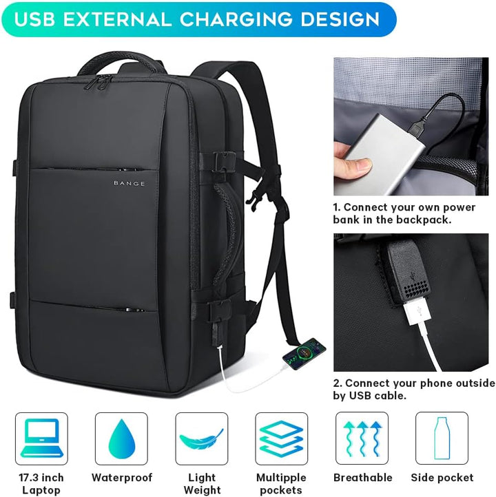 Unisex expandable travel backpack, 26-45L, showcasing all main features.