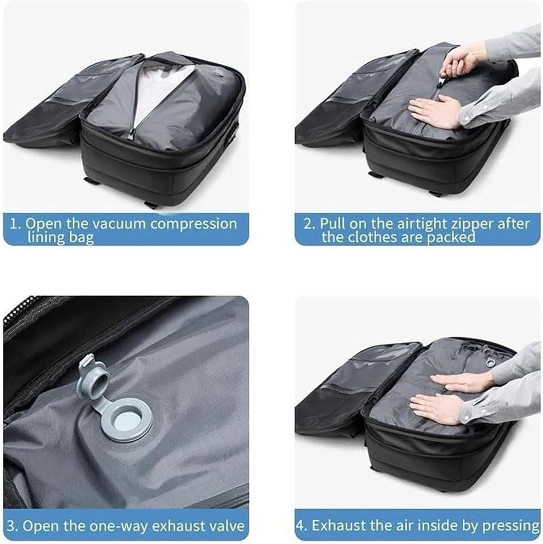 Premium oxford cloth travel backpack. Expandable, anti-theft, wet compartment, and compression for safe gear.