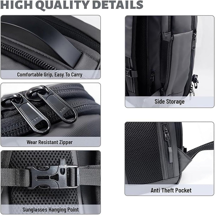 Durable oxford cloth travel backpack, carry-on size, anti-theft, wet pocket & expandable design.