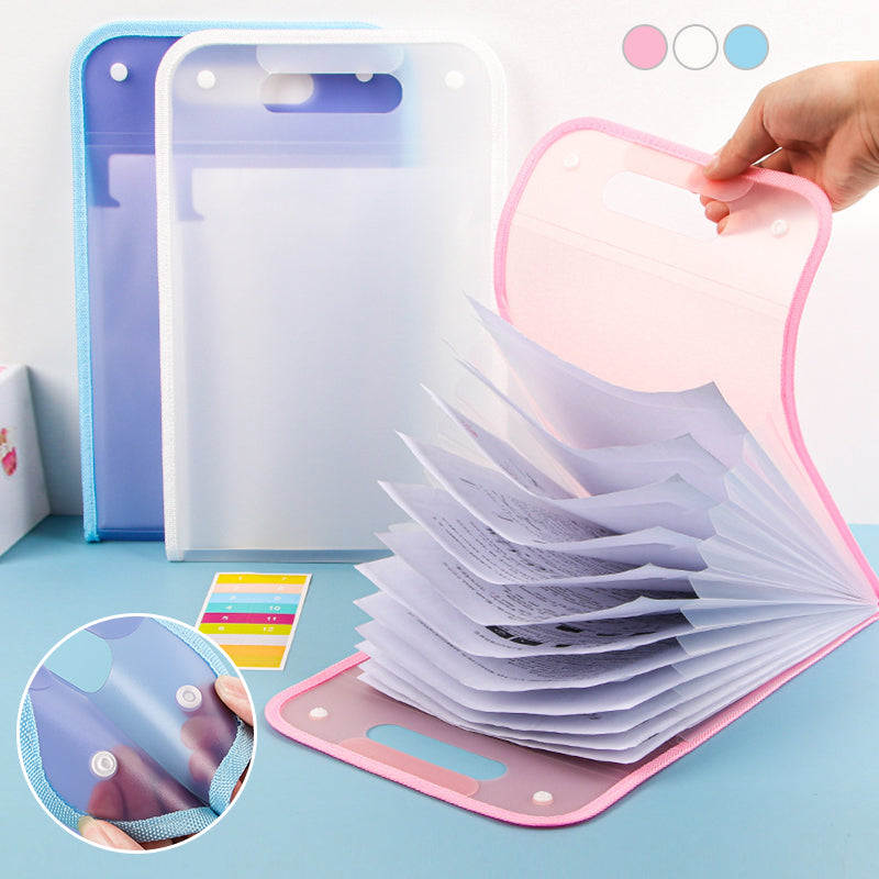 Unisex extendable waterproof document organizer with 13 pockets, ideal for office or school document storage