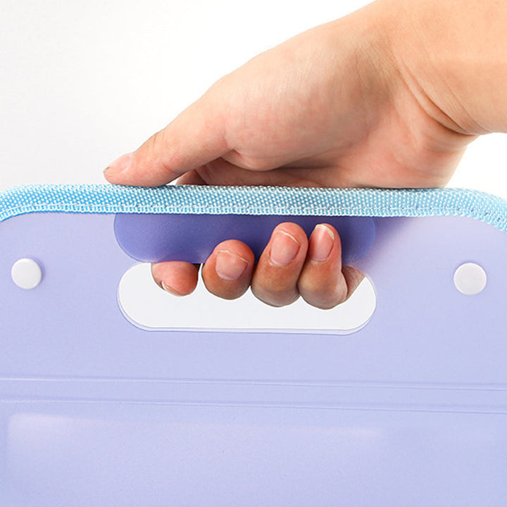 Stack of organized papers inside a 13-pocket waterproof document organizer, showing multi-pocket functionality