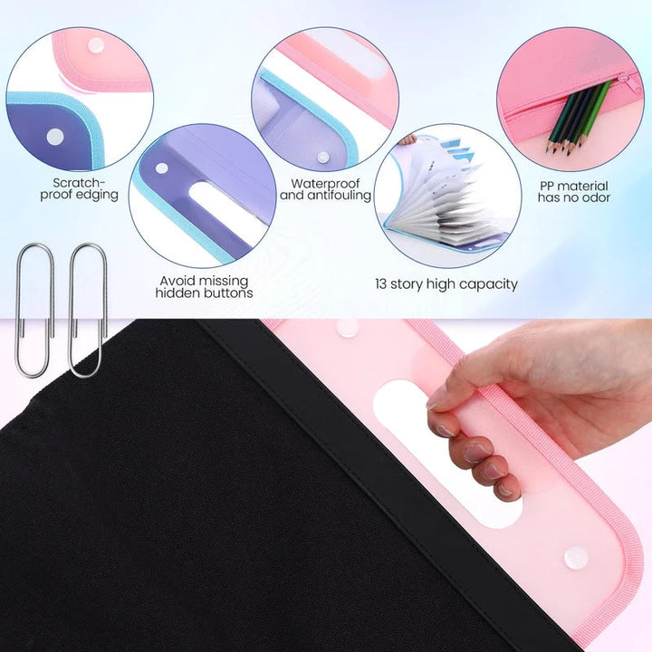 Front view of a pink extendable document organizer, waterproof PP plastic, 13 compartments, school essentials