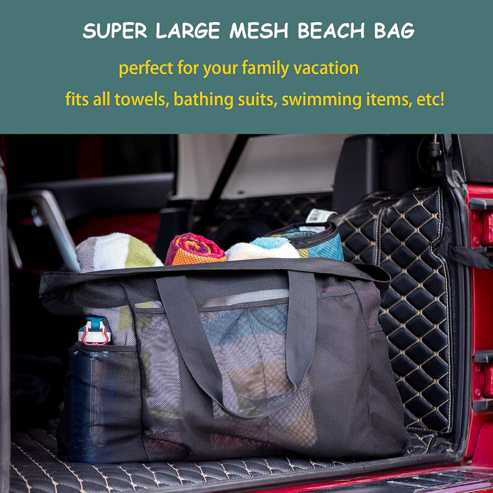 Spacious sandproof mesh carryall for beach trips, pool days, or travel storage. Extra-large family tote bag.