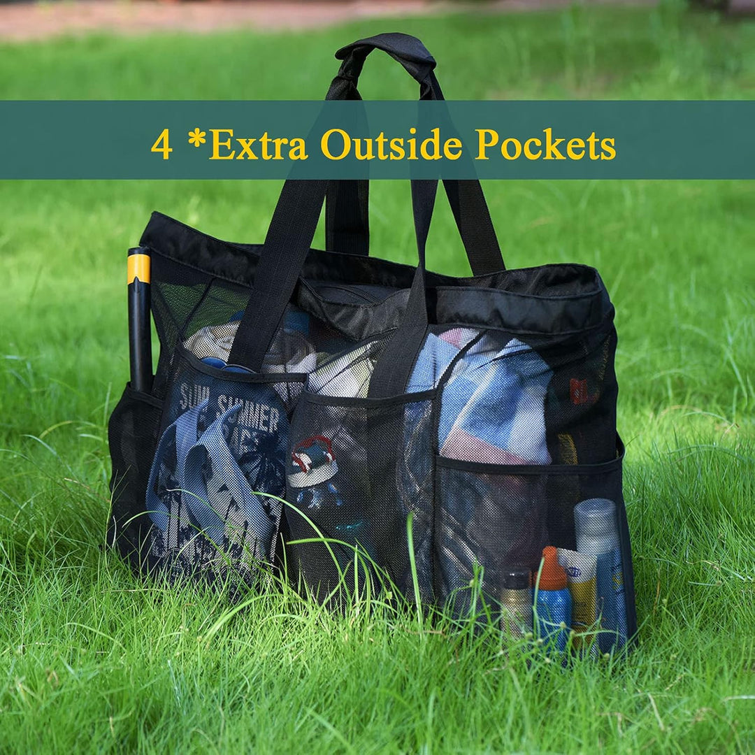 Versatile extra-large mesh bag, sandproof, multi-purpose as a beach, pool, or family travel carryall.
