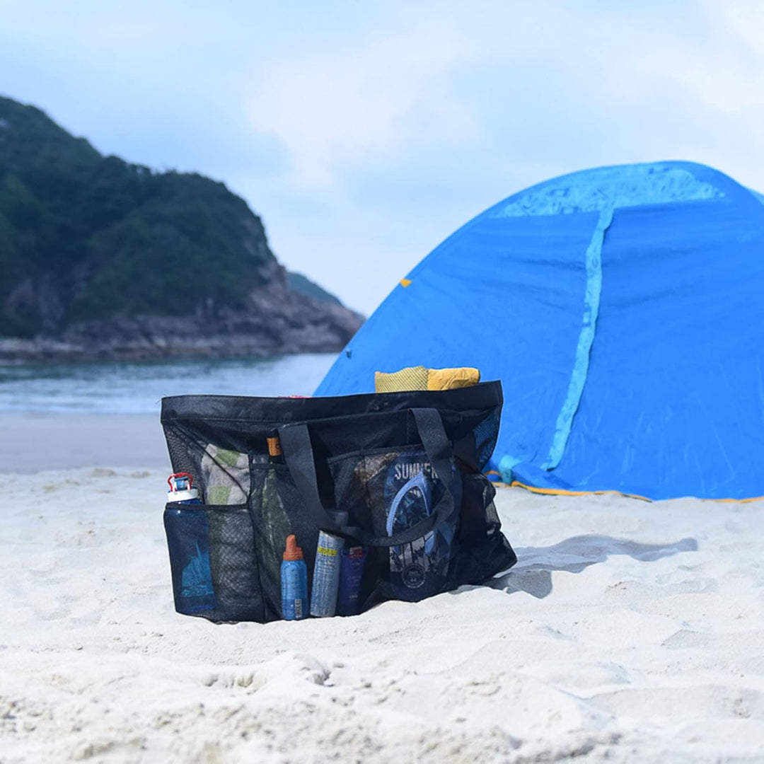 Keep sand out! Extra-large sandproof mesh beach tote, perfect for family outings, pool trips, & travel.