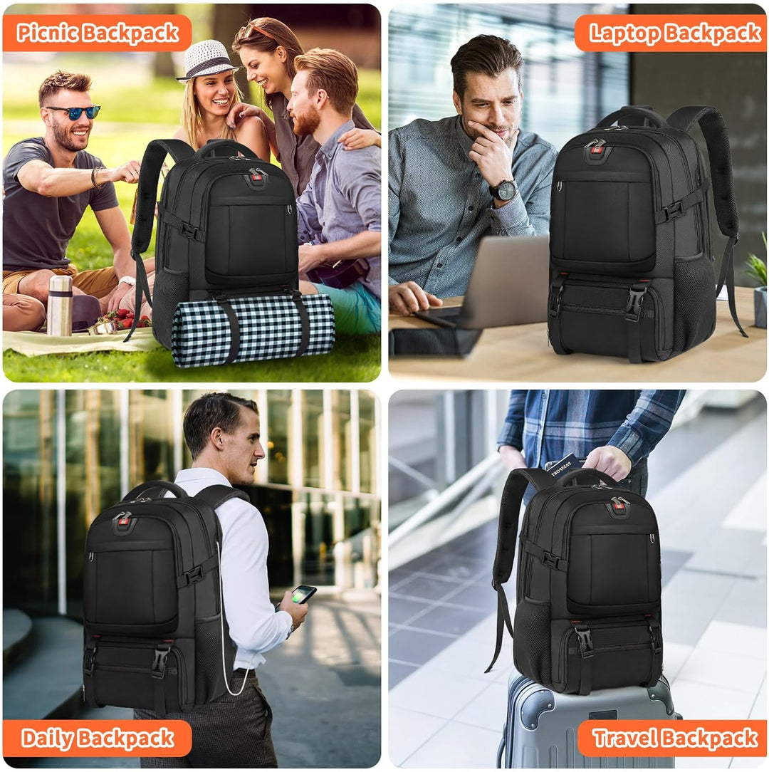 Spacious unisex laptop backpack, extra-large, featuring a USB port & insulated section. Perfect waterproof travel bag.