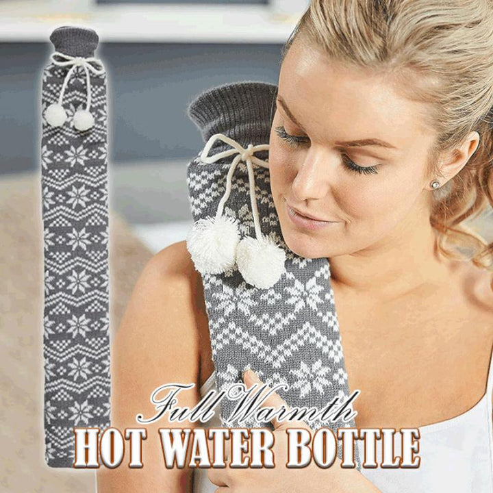 Unisex extra long hot water bottle, soft grey cover, comforting warmth, pain relief for neck and back