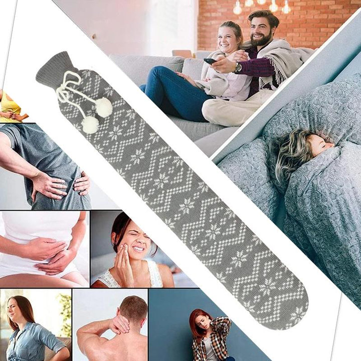 Long hot water bottle with knitted soft cover, ideal for winter warmth, cozy and therapeutic