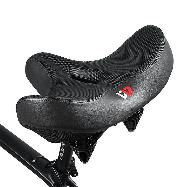 Comfortable memory foam wide bike saddle for unisex cyclists. Fits mountain, city & e-bikes.