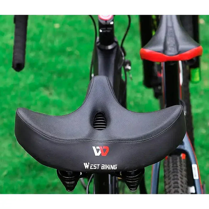 Unisex extra-wide bike seat featuring memory foam for superior comfort & support during cycling.
