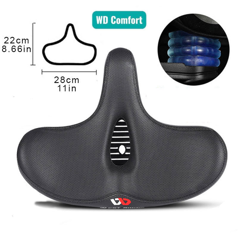 Experience ultimate comfort with this shock-absorbing, wide bicycle saddle. Perfect for e-bike, city, and mountain cycling.