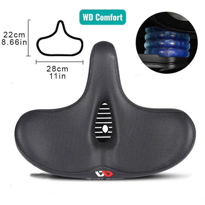 Experience ultimate comfort with this shock-absorbing, wide bicycle saddle. Perfect for e-bike, city, and mountain cycling.