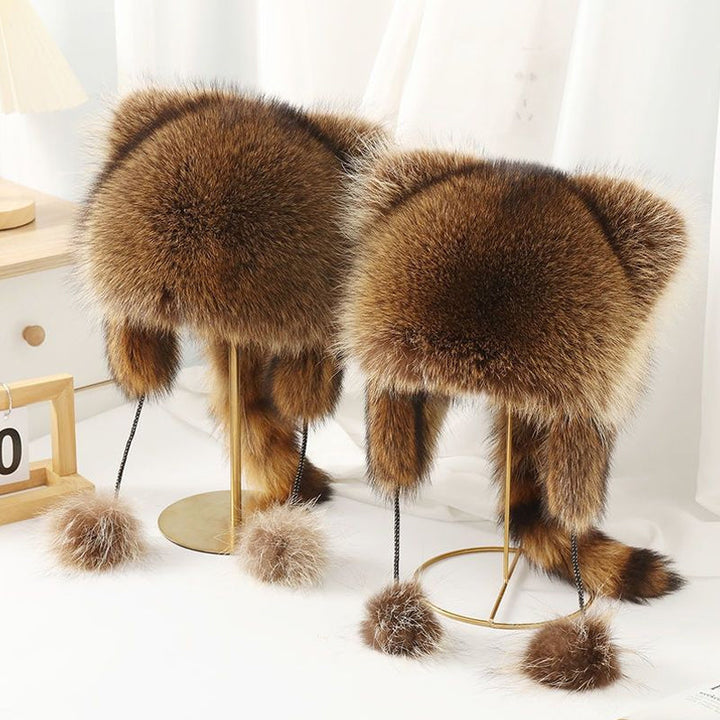 Unisex Faux Fur Raccoon Tail Winter Trapper Hat for Adults & Kids