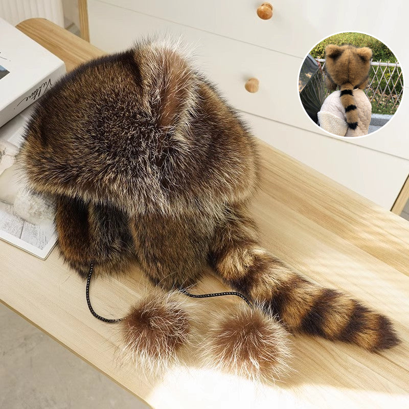 Warm Faux Fur Raccoon Tail Winter Hat, suitable for all ages and genders