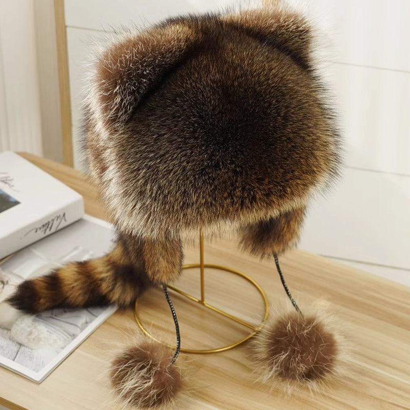 Fashionable Faux Fur Raccoon Tail Winter Trapper Hat, cozy and stylish