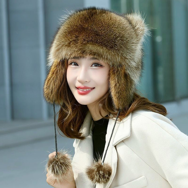 Unisex cold weather hat with plush faux fur and realistic raccoon tail