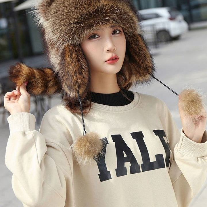Cozy Faux Fur Raccoon Tail Hat, ideal for cold outdoor activities