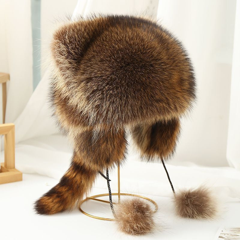 Unisex plush faux fur winter hat featuring a fun raccoon tail design