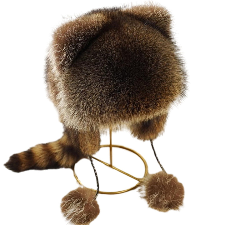 Stylish Faux Fur Raccoon Tail Trapper Hat, a unique winter fashion statement