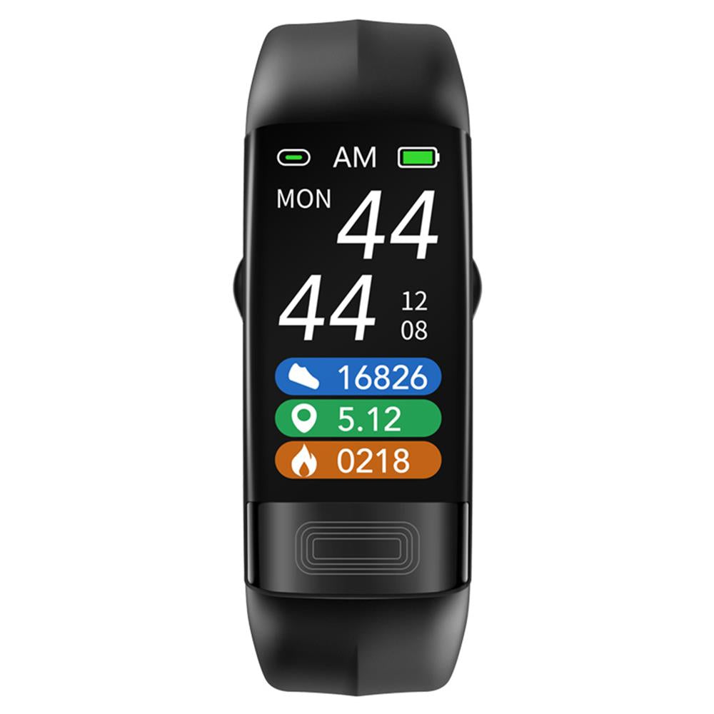 Unisex wrist blood pressure monitor and fitness tracker on an arm, displaying health data. Activity tracker.