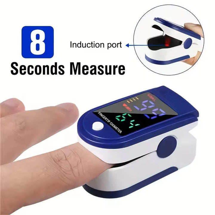 Close-up of a pulse oximeter on a finger, displaying vital blood oxygen levels and pulse rate