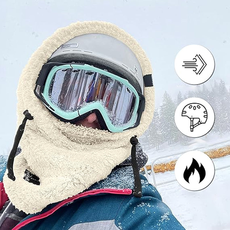 Person wearing a black unisex fleece thermal balaclava ski mask, focused on eyes and nose