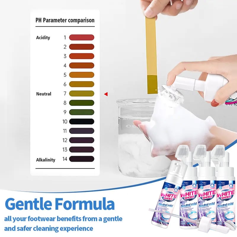 Graphic showing how to use Foam No-Rinse Sneaker Cleaner on white shoes, quick & easy.