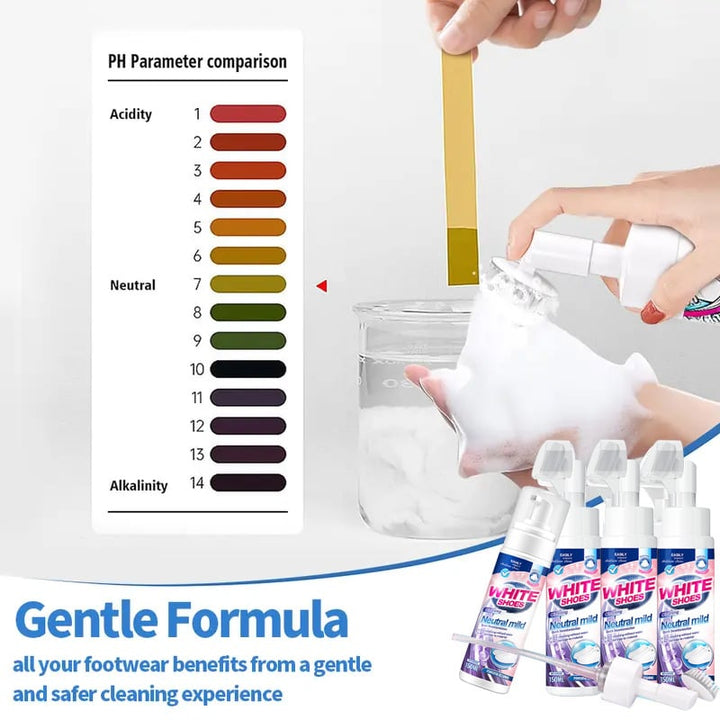 Graphic showing how to use Foam No-Rinse Sneaker Cleaner on white shoes, quick & easy.