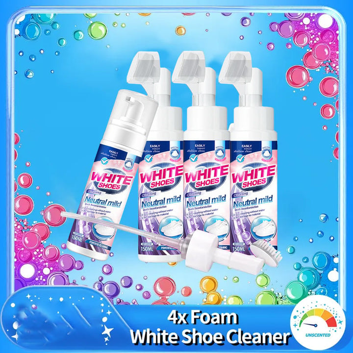 Unisex Foam No-Rinse Sneaker Cleaner next to a pair of clean white sneakers, quick care.