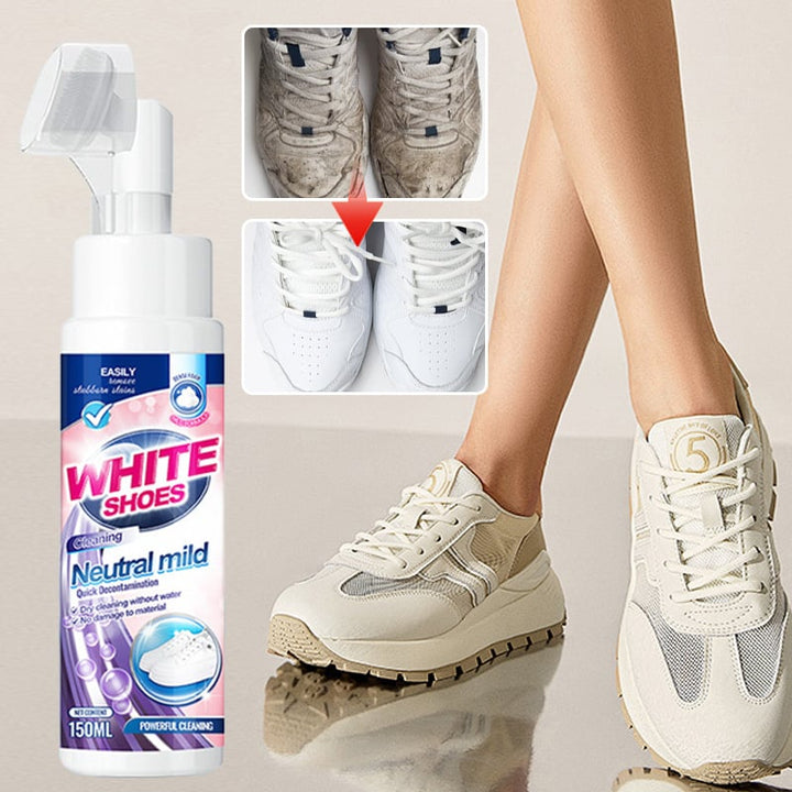 White shoes before and after using No-Rinse Foam Sneaker Cleaner for a quick clean.