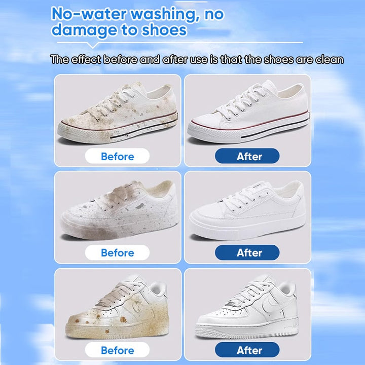 Hand applying Foam No-Rinse Sneaker Cleaner to a dirty white sneaker for quick care.