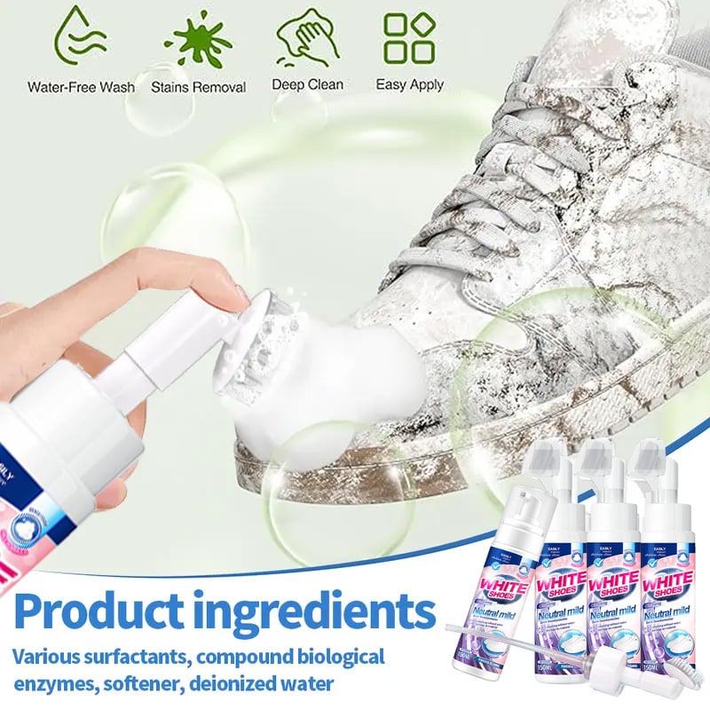 Close-up of Foam No-Rinse Sneaker Cleaner bubbles on a white shoe, effective cleaning.