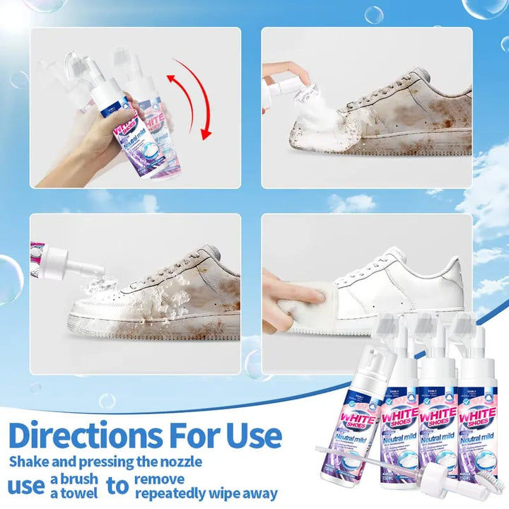 Unisex No-Rinse Foam Sneaker Cleaner kit with brush, perfect for white shoes, quick care.