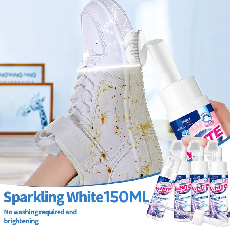 Unisex Foam No-Rinse Sneaker Cleaner on a shelf, ideal for white shoes and quick clean.
