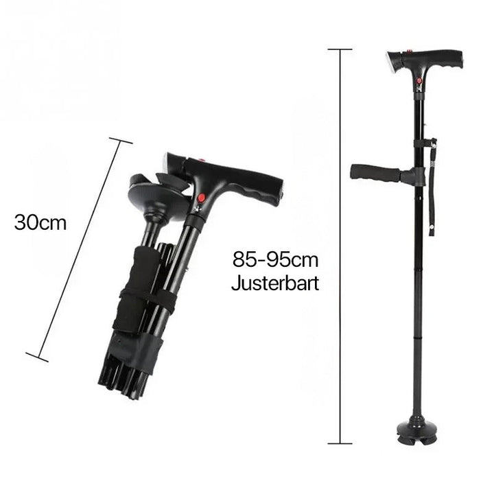 Portable walking cane for seniors with LED light, loud alarm, & dual handles for enhanced safety & balance.