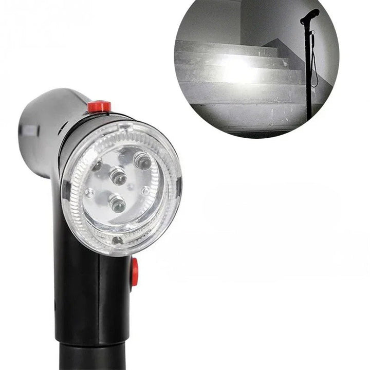 Folding mobility cane for rehabilitation, featuring dual handles, bright LED, and an emergency alarm. Portable support.