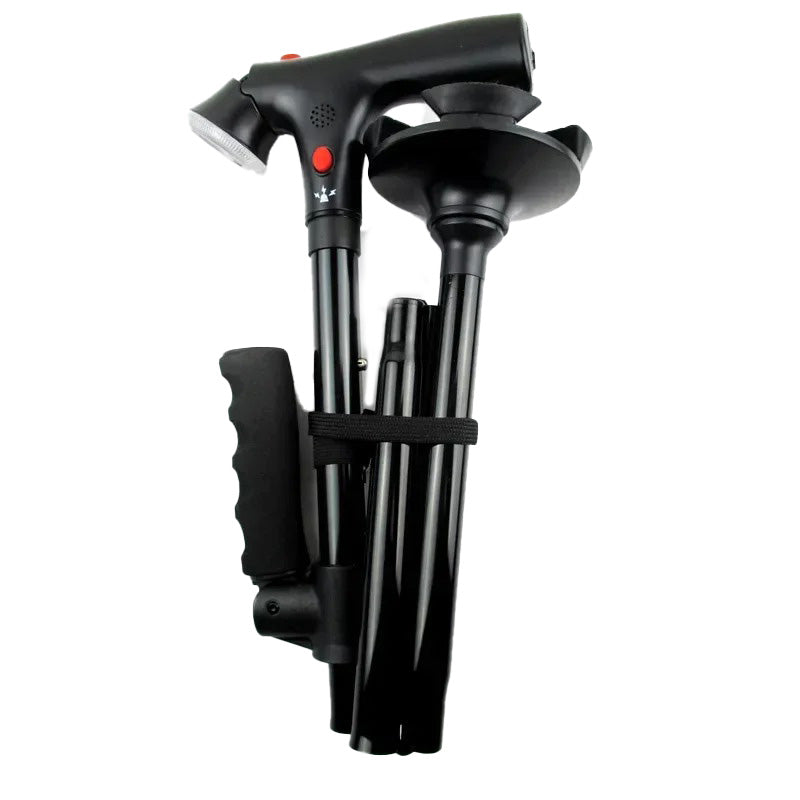 Black folding walking cane with ergonomic dual handles, integrated LED light, and emergency alarm for reliable support.