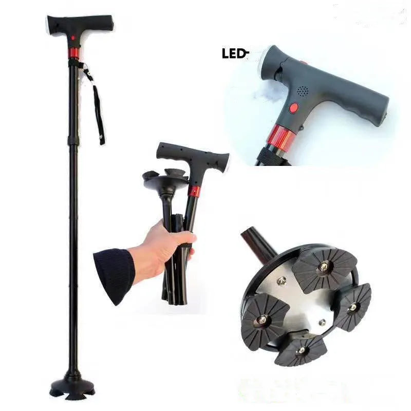 Portable folding walking cane with ergonomic dual grips & LED light, providing stable support for seniors.
